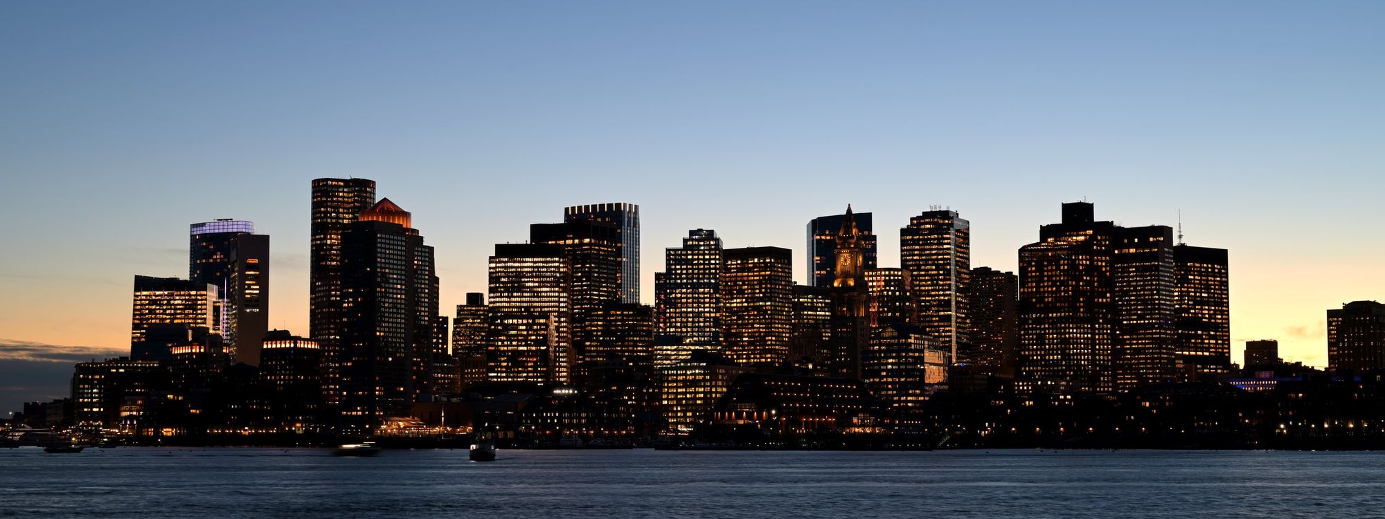 Boston skyline at dusk from Jeffries Point