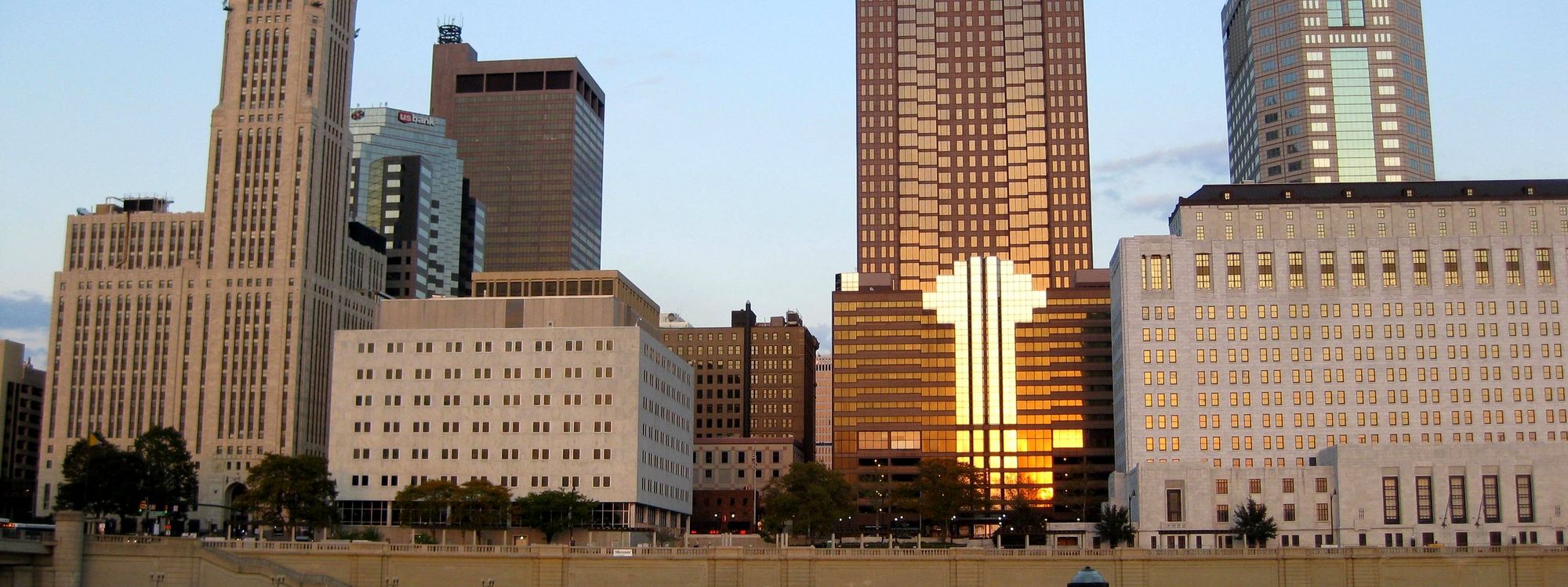 Columbus skyline reflecting at sunset