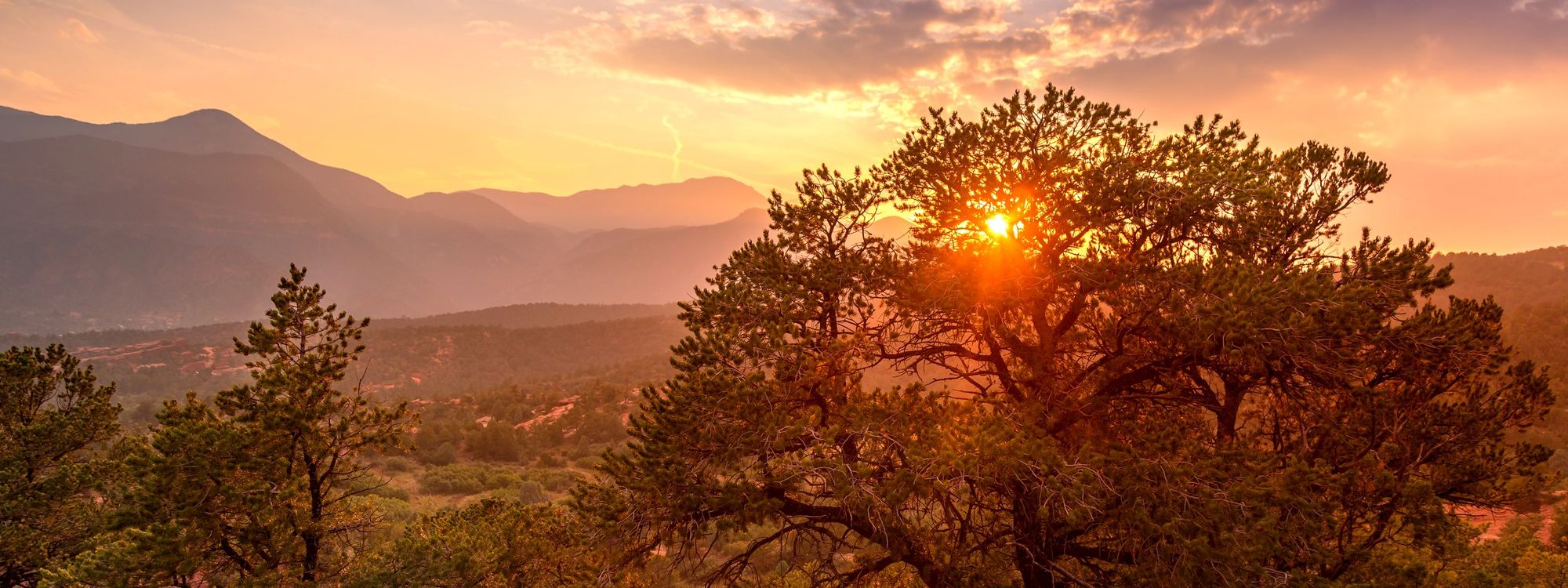 Sunset over Pikes Peak and the Front Range, from Garden of the Gods Park in Colorado Springs