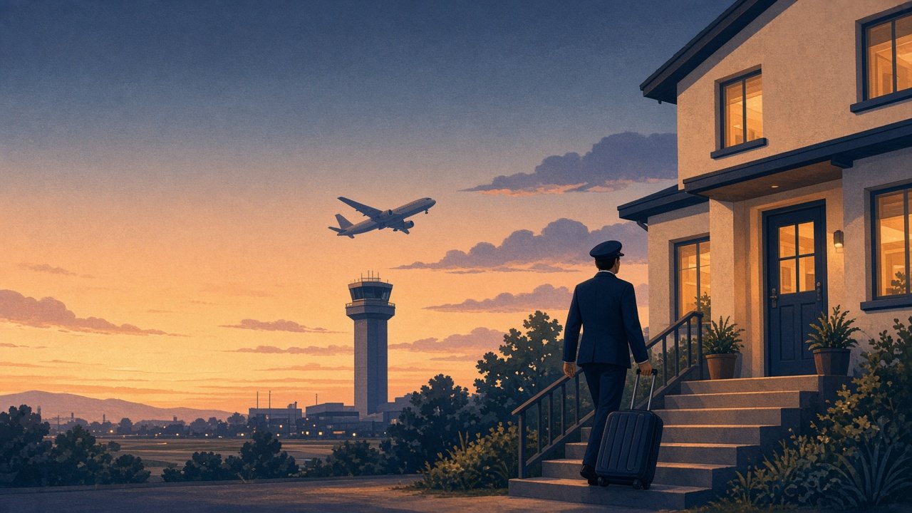 Illustration at dawn: a uniformed crew member rolls a suitcase up the front steps of a warmly lit apartment house, with an airport control tower and a climbing jet against an orange and blue sky on the left.